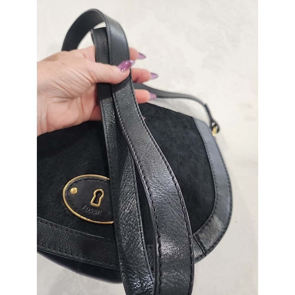 Fossil Black Calf Hair Leather Crossbody Saddle Bag - Picture 3 of 13